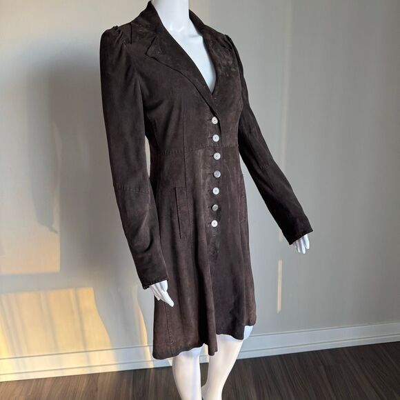 Elie Tahari Long Brown Suede Fitted Jacket With Ornate Buttons Size S - Picture 4 of 10